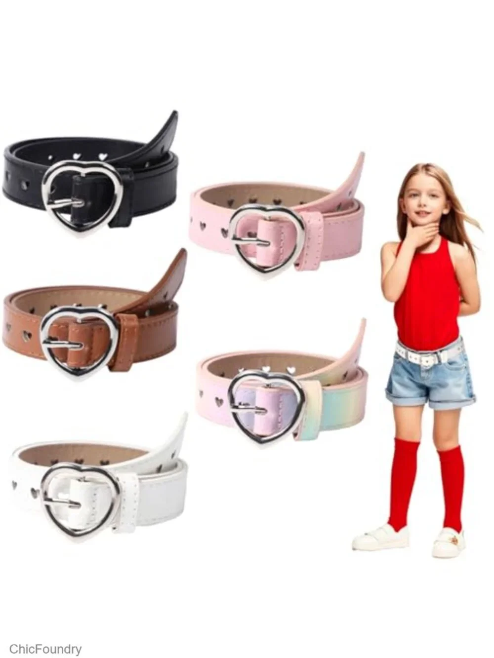Girls Leather Belts 5 Pack Heart Buckle Adjustable PU Leather Stretch Belt